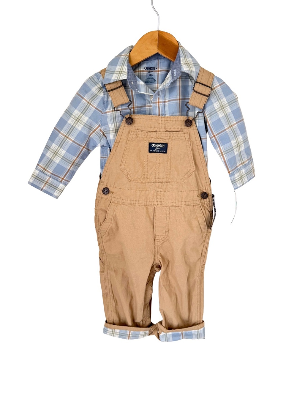 OshKosh B'gosh Tan  Carpenter Kids Overalls with Blue Plaid Shirt 18 Months